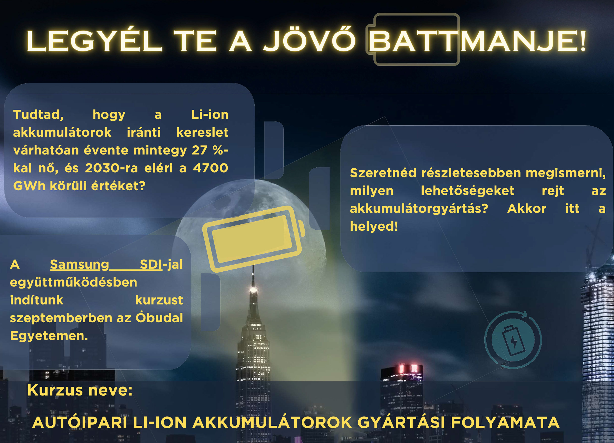 Jelentkezz az „Autóipari Li-ion akkumulátorok gyártási folymata” című tárgyra, és ismerd meg az akkumulátorgyártás lehetőségeit!